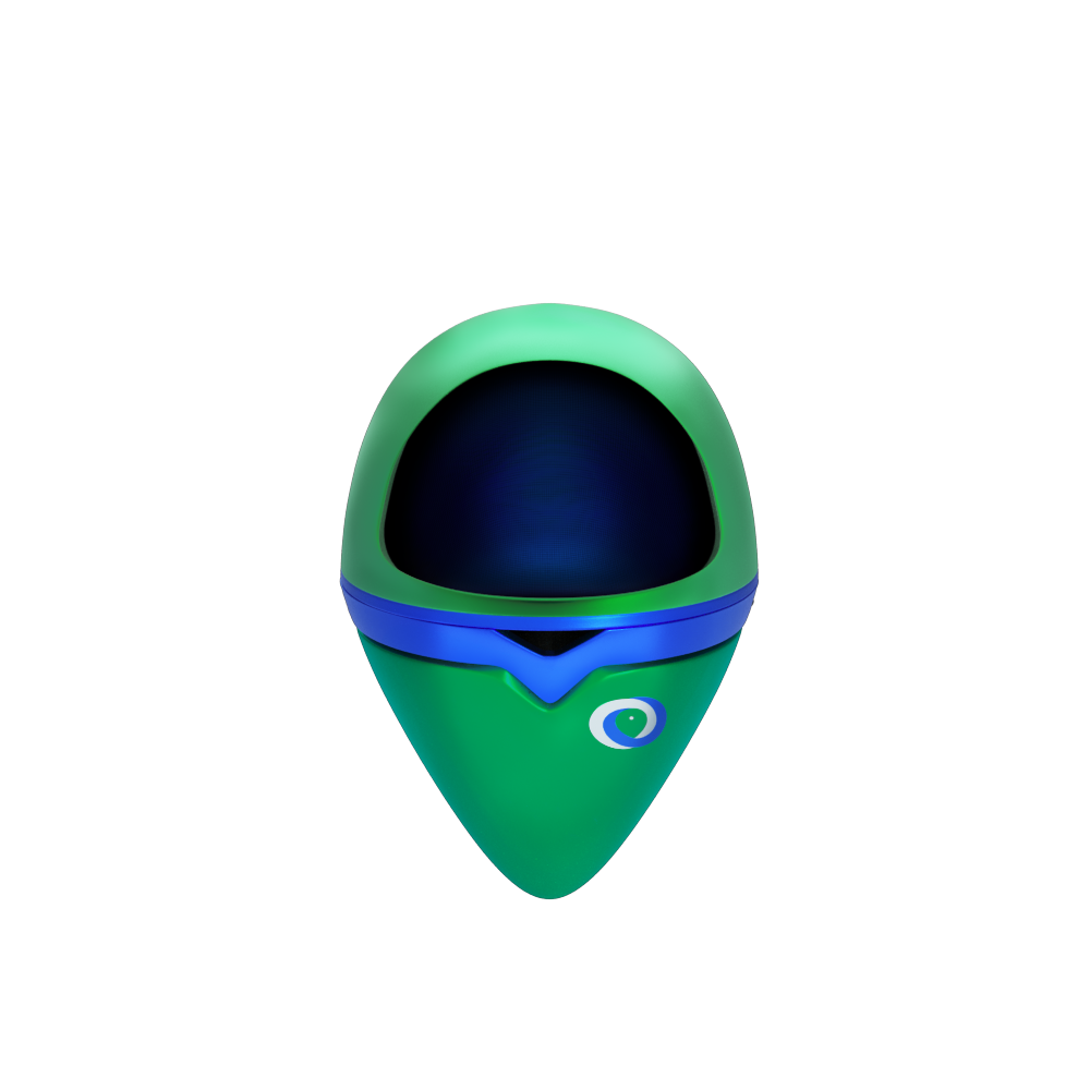Objeto oval verde com visor digital e faixa azul.