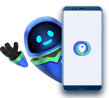 mascote do bood ao lado de um telefone acenando alegre