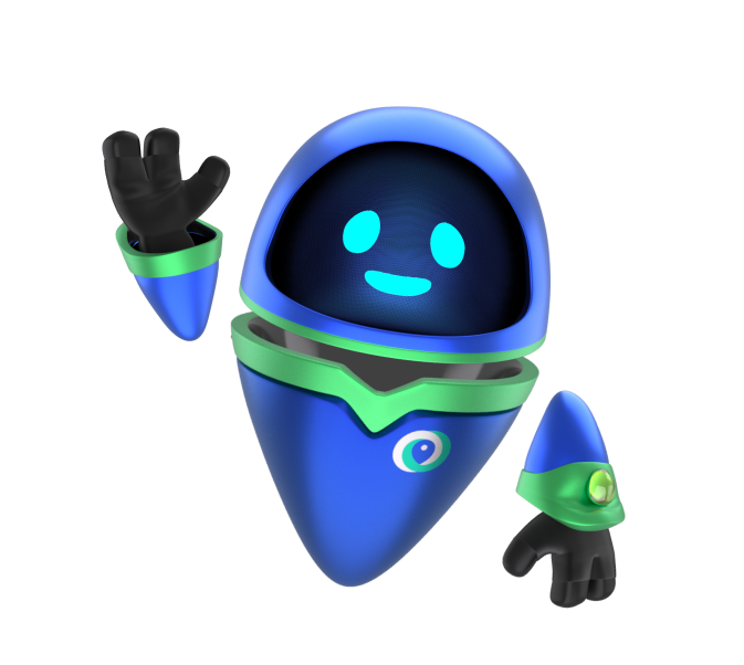 Boneco robótico azul, visor sorridente, detalhes verdes, braços pretos.