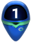 Objeto oval azul com visor digital '1' e faixa verde.